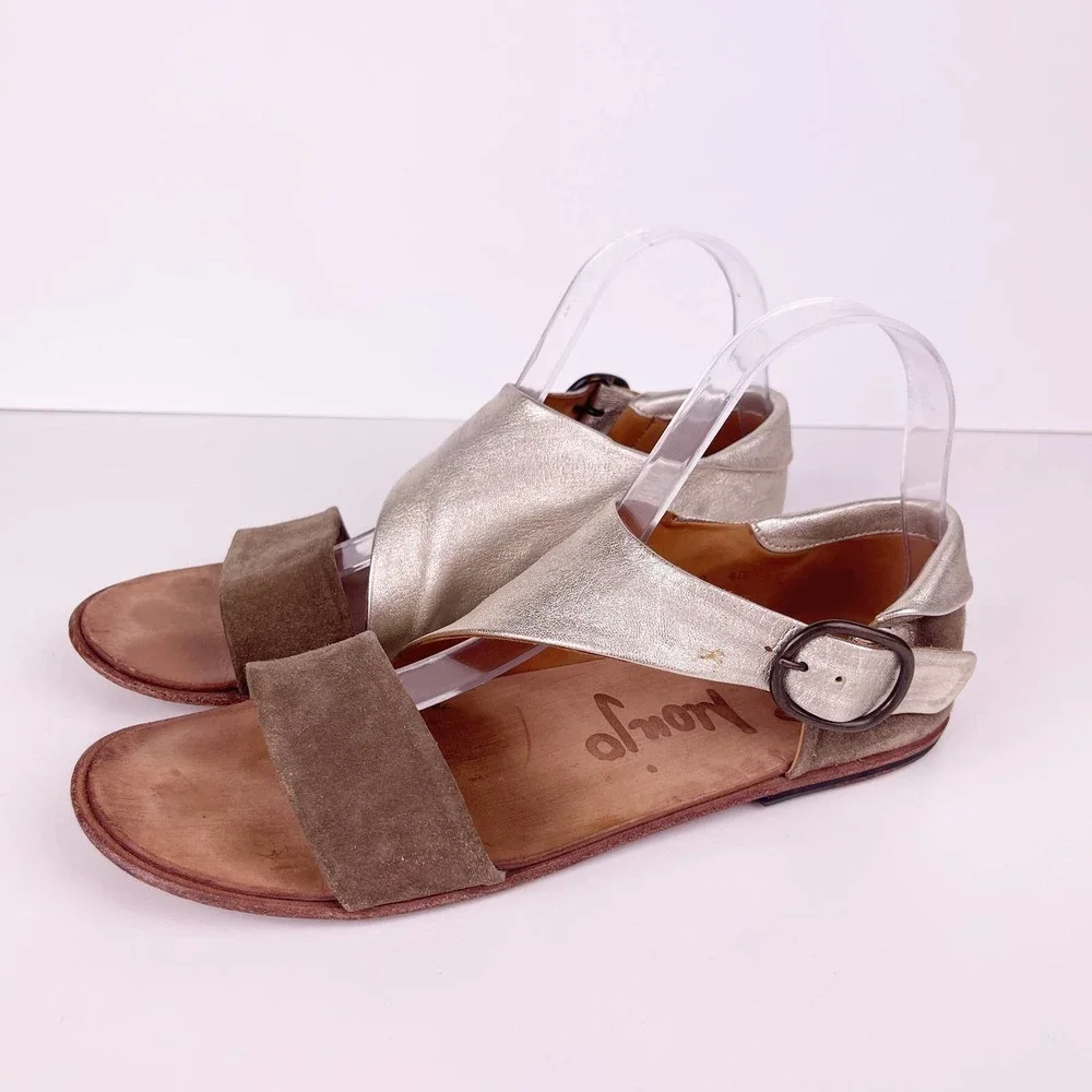 P Monjo Daniela Platino Mocha Gold Tan Leather Sandals Flats Women's Size 40 10